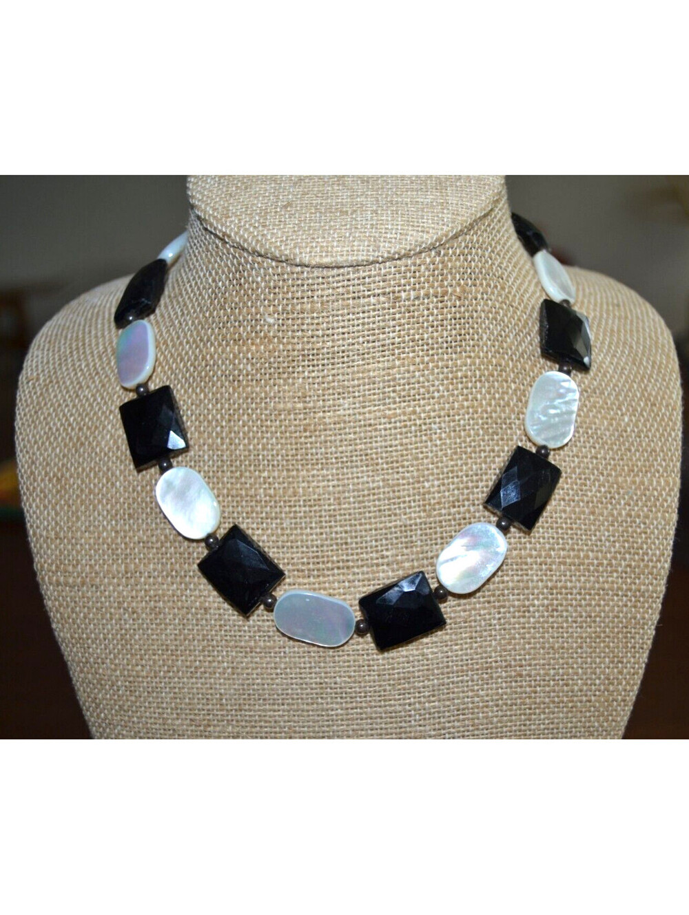 MOTHER OF PEARL & BLACK ONYX Beads 16" Necklace .925 Clasp Signed Ziggy